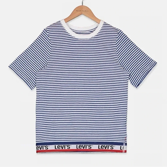 Levi’s Blue white Striped Logo hem Short sleeve Tee Size M - Picture 1 of 5